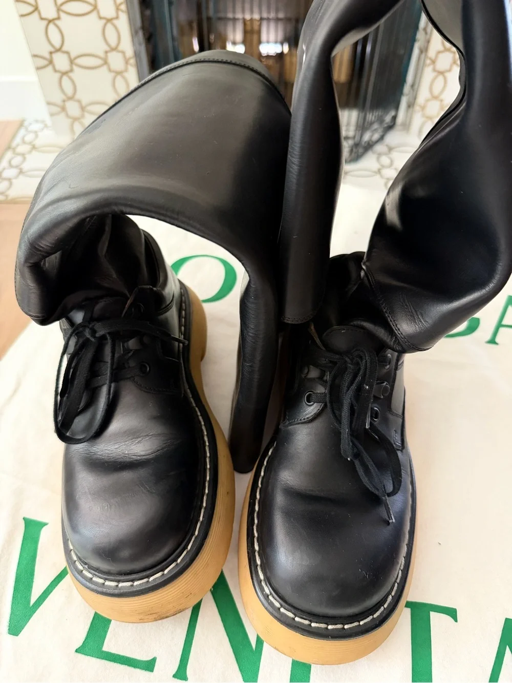 Bottega Veneta Black Leather Tall Lace-Up Boots with Tan Platform Sole